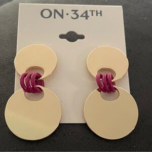 On 34th Gold Tone Disk and Pink Accent Post Earrings
